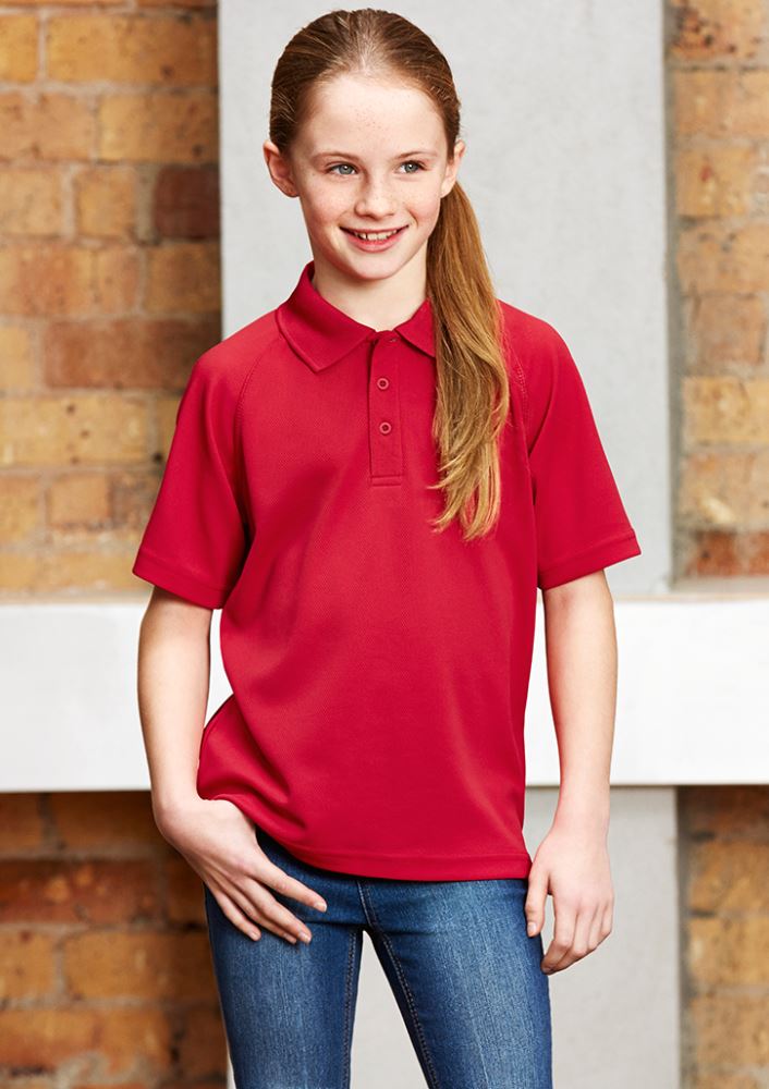 Kids Sprint Polo in black, size 16, made from breathable polyester, ideal for sports and casual wear with stylish design features.