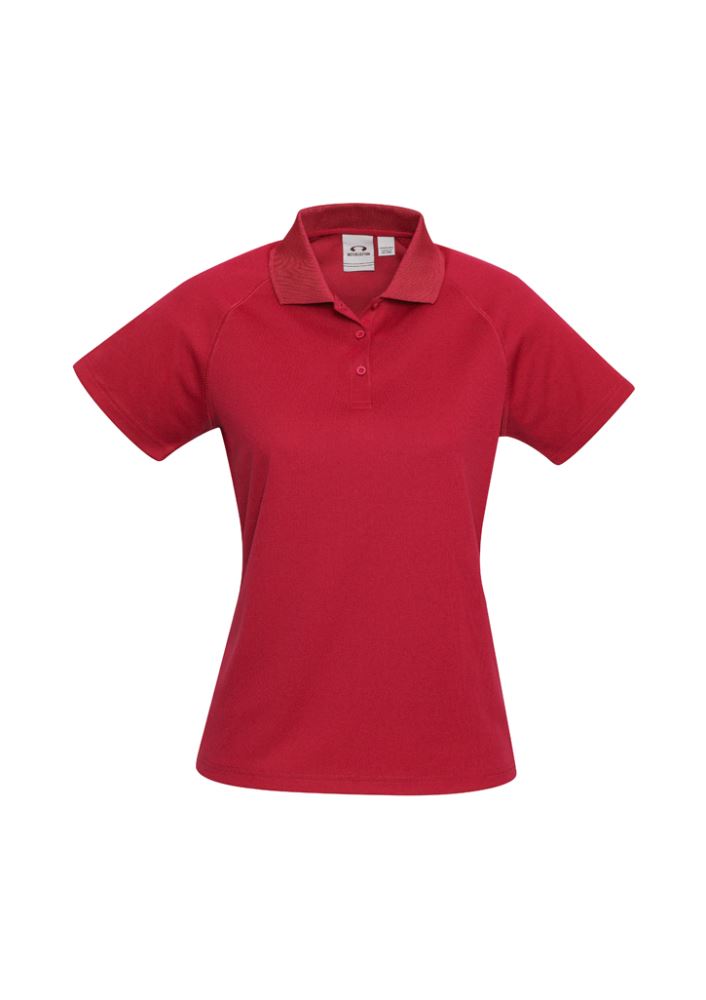Ladies Sprint Polo in red, size 22, features breathable polyester, UPF protection, and stylish details for versatile wear.