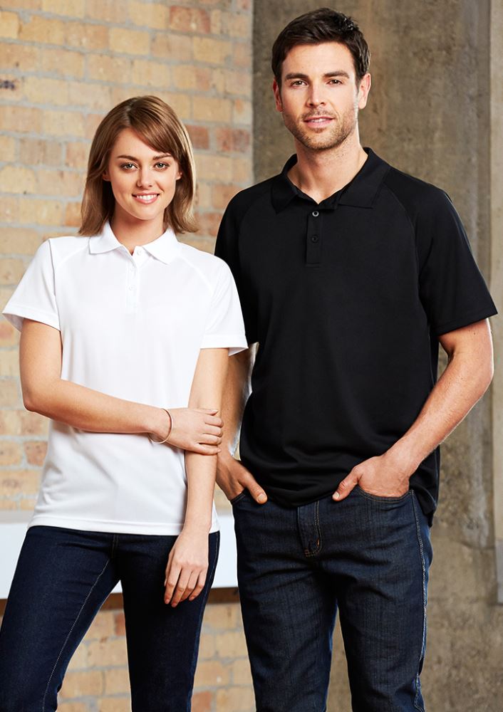Ladies Sprint Polo in white, size 8, featuring breathable fabric, UPF protection, and elegant knitted collar.