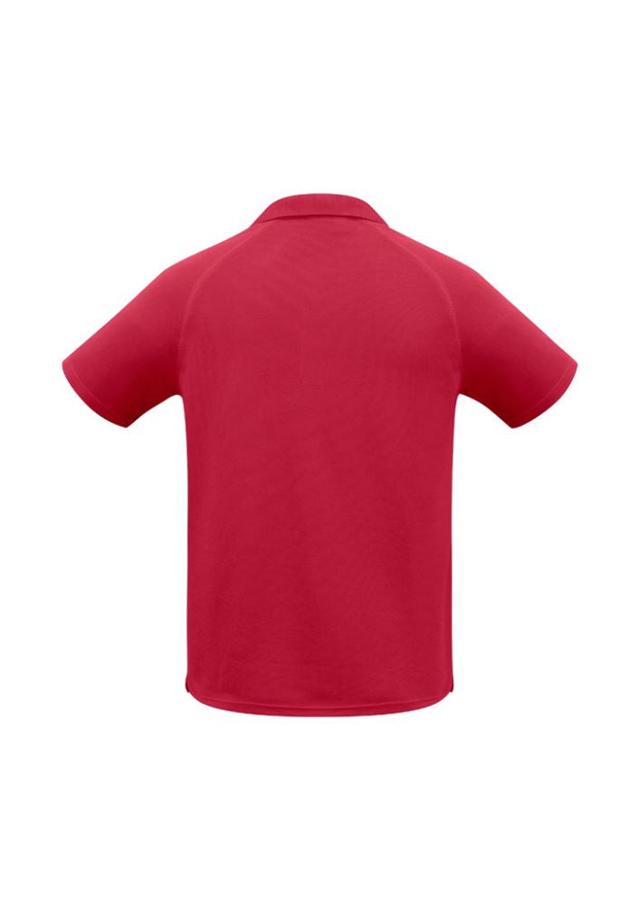 Mens Sprint Polo in vibrant red, 2XL size, featuring breathable fabric, UPF protection, and practical pocket for essentials.