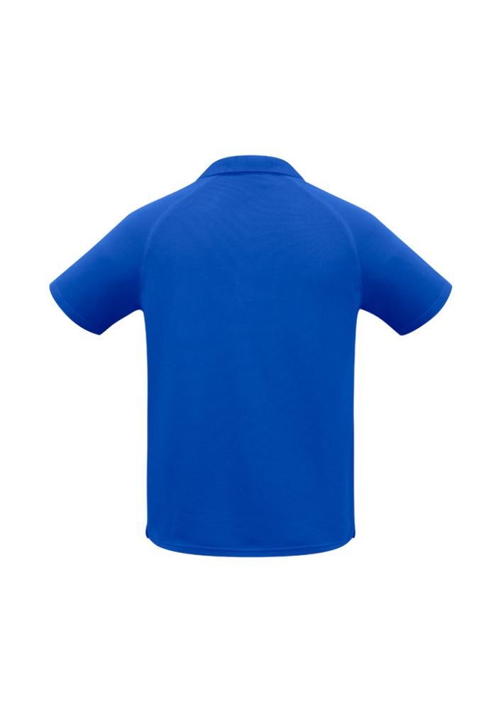 Men's Sprint Polo in vibrant Royal, size L, featuring breathable fabric, UPF protection, and a stylish knitted collar.