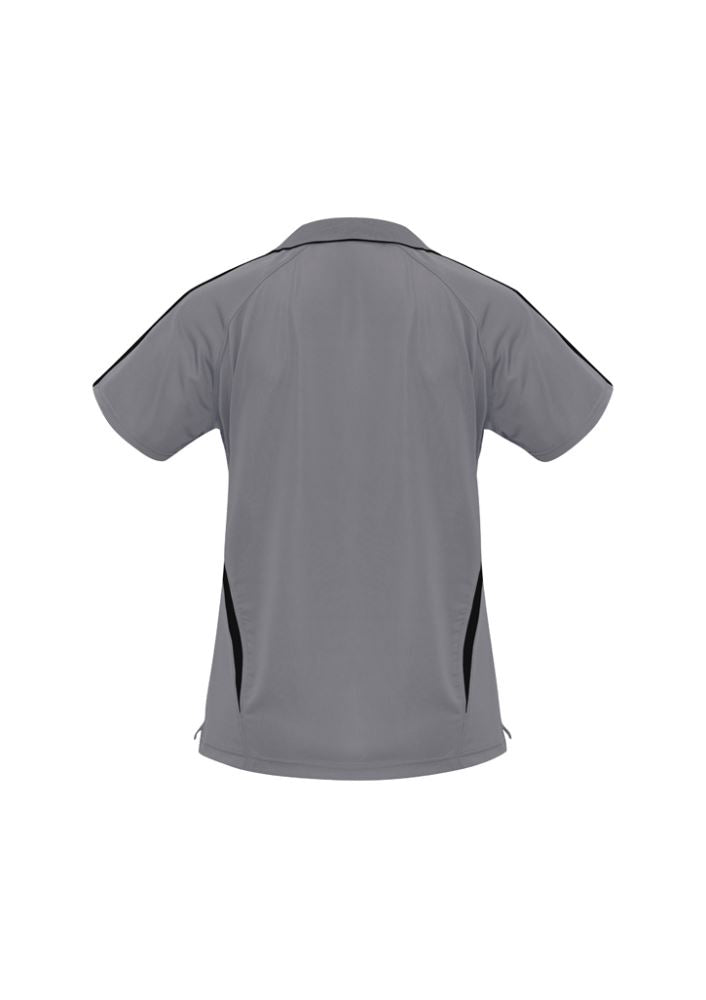 Ladies Flash Polo in Ash/Black, Size 8, featuring breathable fabric, stylish V placket, and side splits for comfort and flair.