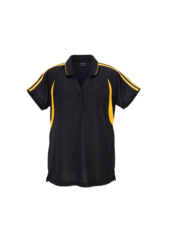 Ladies Flash Polo in Black/Gold, Size 20, featuring breathable fabric, contrast stripes, and stylish side splits for comfort.