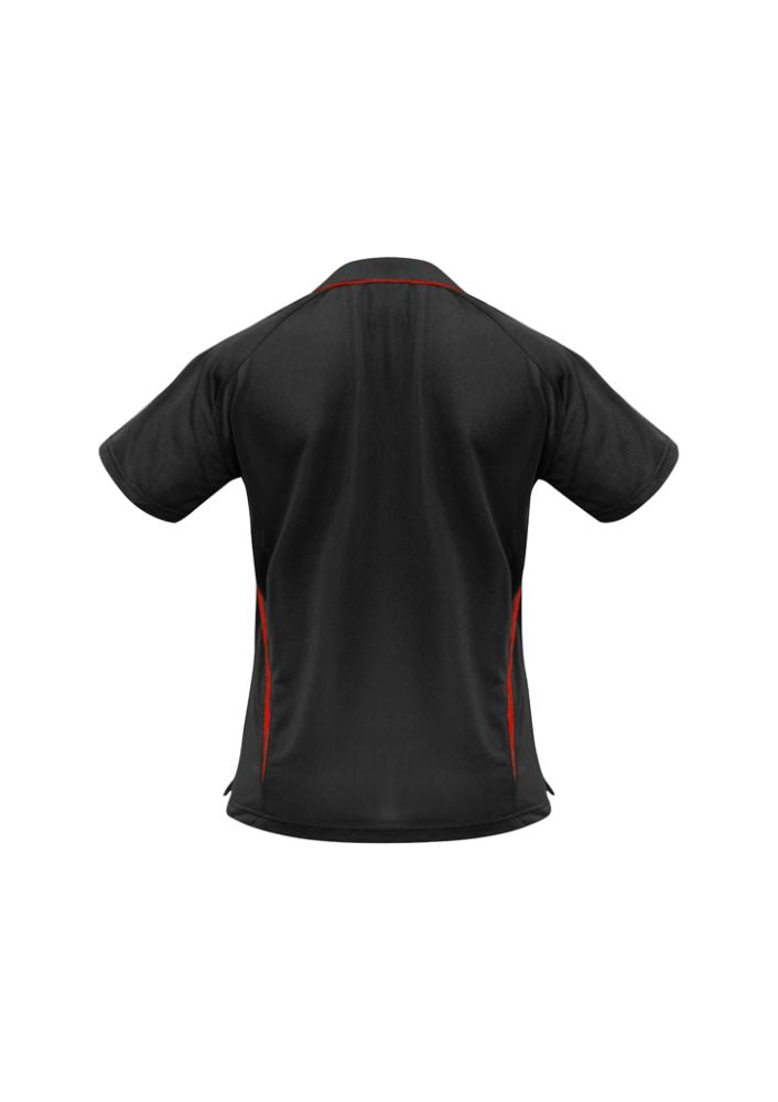 Ladies Flash Polo in Black/Red, Size 20, featuring breathable fabric, modern 'V' placket, and flattering curved panels.