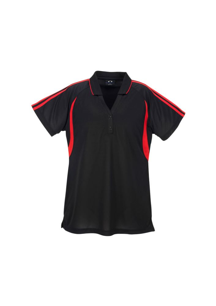 Ladies Flash Polo in Black/Red, size 12; breathable polyester, stylish V placket, curved panel, and side splits for comfort.