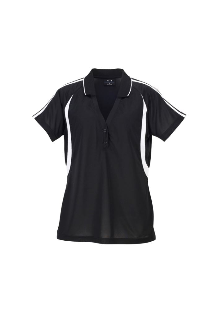 Ladies Flash Polo in Black/White, Size 14, featuring a stylish V-placket, contrast stripes, and breathable fabric for comfort.