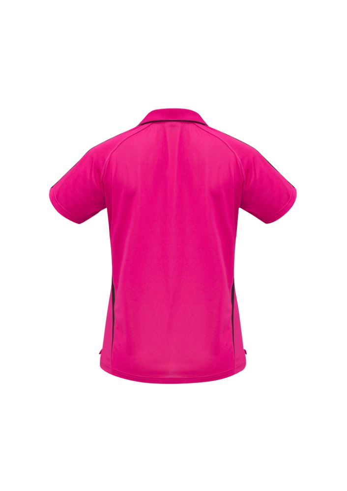 Ladies Flash Polo in hot pink and black, size 8, features breathable fabric, stylish V-placket, and flattering silhouette with side splits.