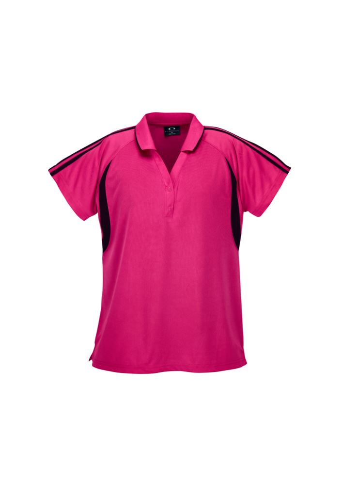Hot Pink and Black Ladies Flash Polo, Size 14, featuring breathable fabric, stylish V placket, and sporty design details.