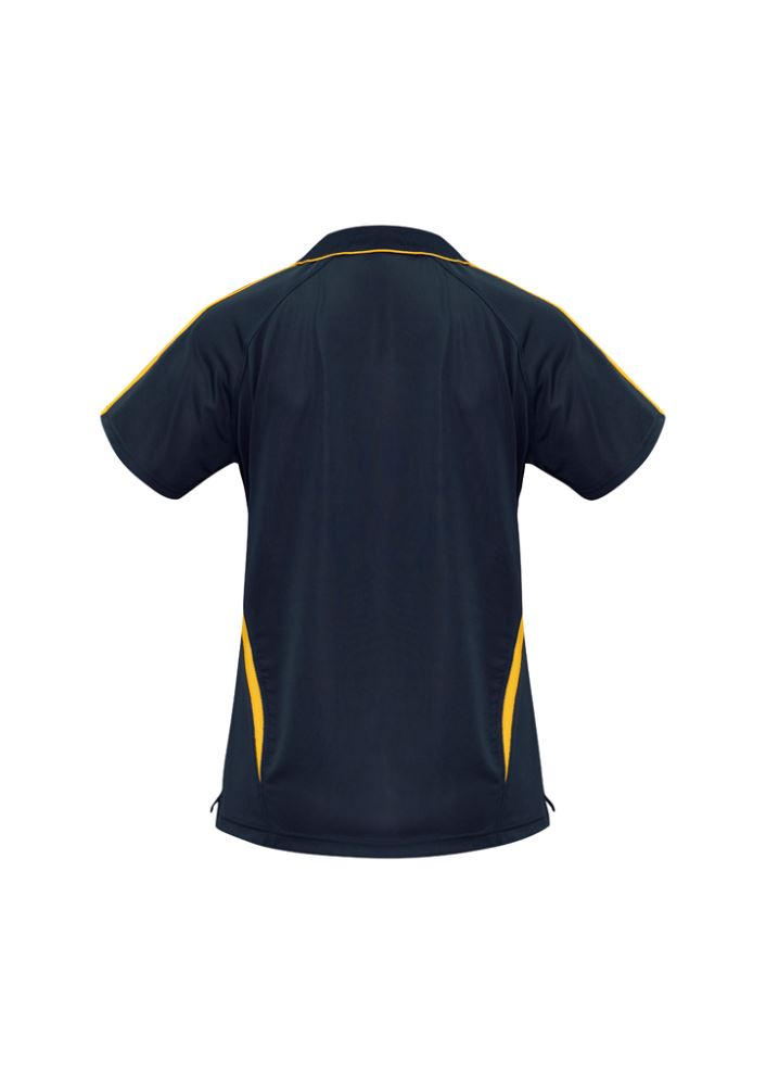 Ladies Flash Polo in Navy/Gold, Size 18, featuring BIZ COOL technology, open 'V' placket, and stylish contrast stripes.