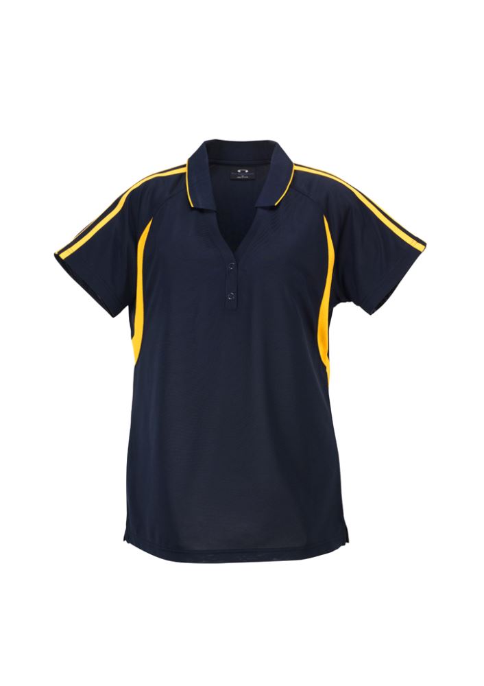 Navy and gold ladies polo shirt, size 18, with breathable fabric, stylish V placket, and flattering side splits.