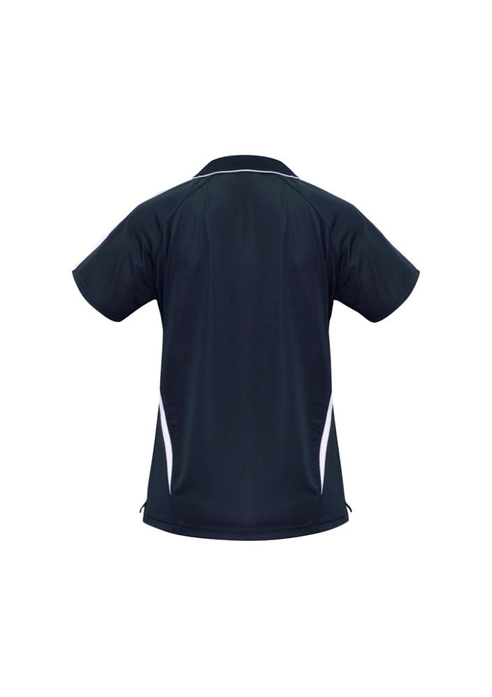 Ladies Flash Polo in navy and white, size 14, featuring breathable fabric, contrast stripes, and a stylish open 'V' placket.