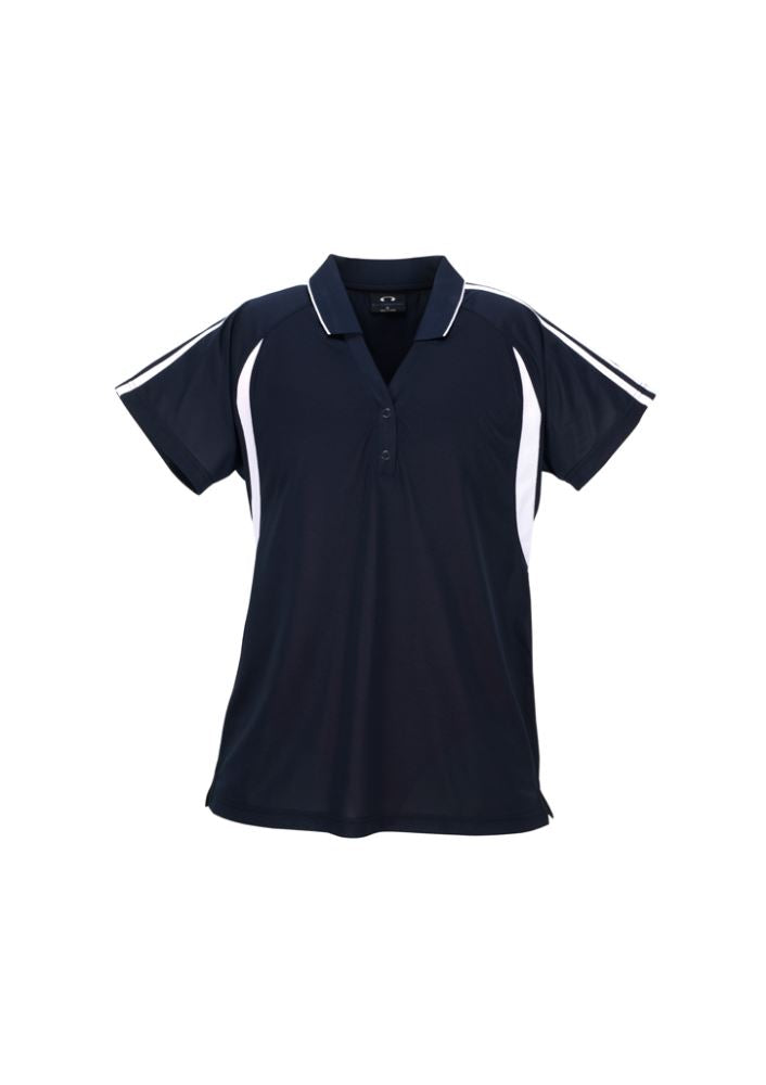 Ladies Flash Polo in navy and white, size 18, featuring breathable polyester, stylish contrast stripes, and side splits for comfort.