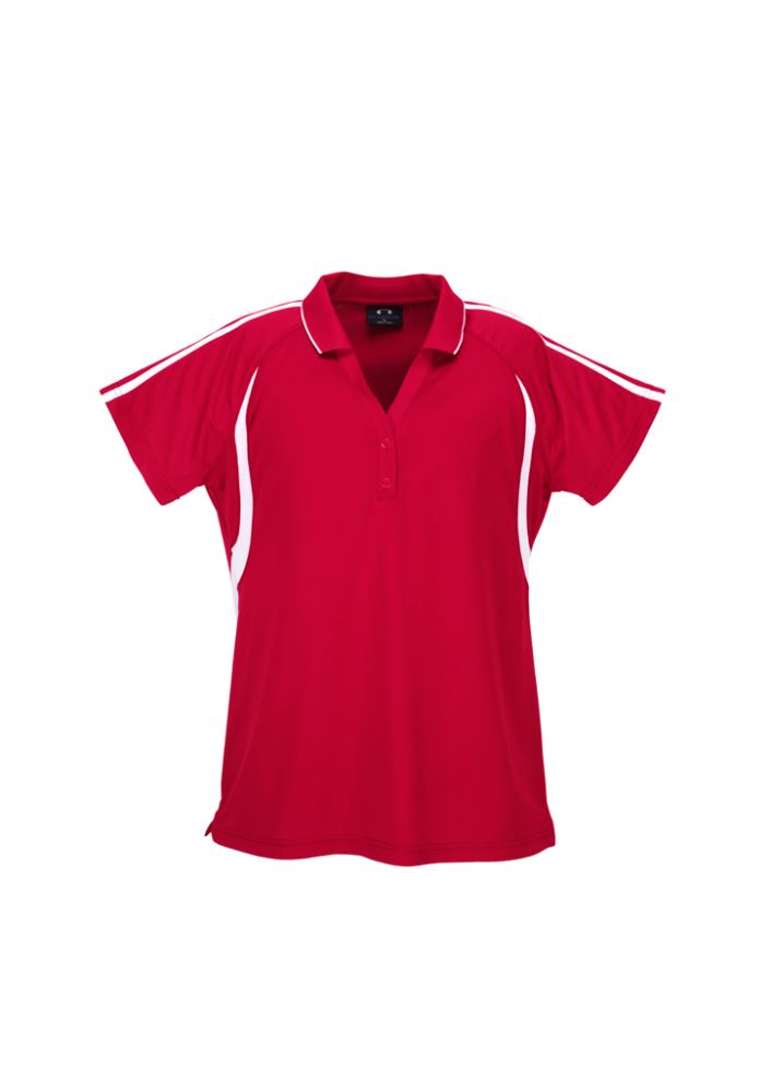 Ladies Flash Polo in red and white, size 16, featuring breathable fabric, stylish V placket, and sporty twin stripe design.