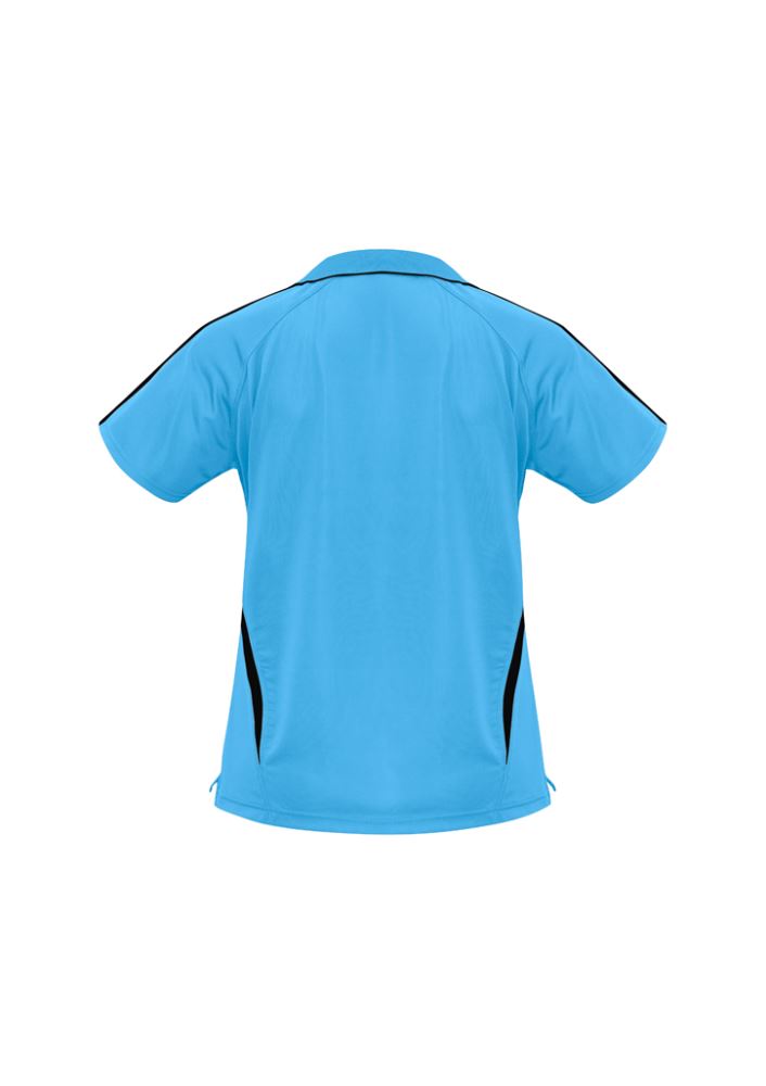 Sky/Navy Ladies Flash Polo, Size 20, featuring V placket, contrast stripes, and breathable snag-resistant fabric.