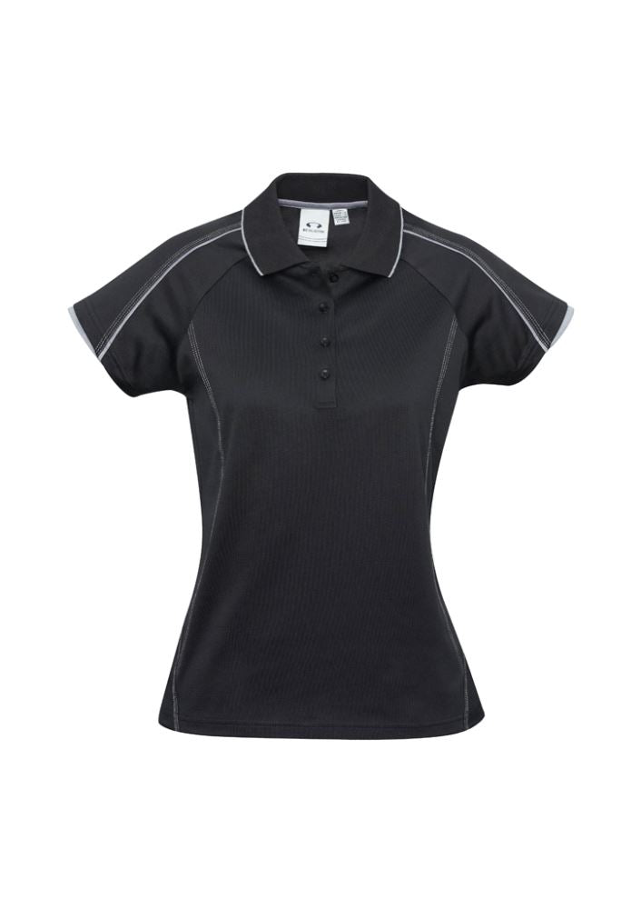 Ladies Blade Polo in black and silver grey, Size 18, features raglan sleeves, contrast trim, and UPF protection for stylish comfort.