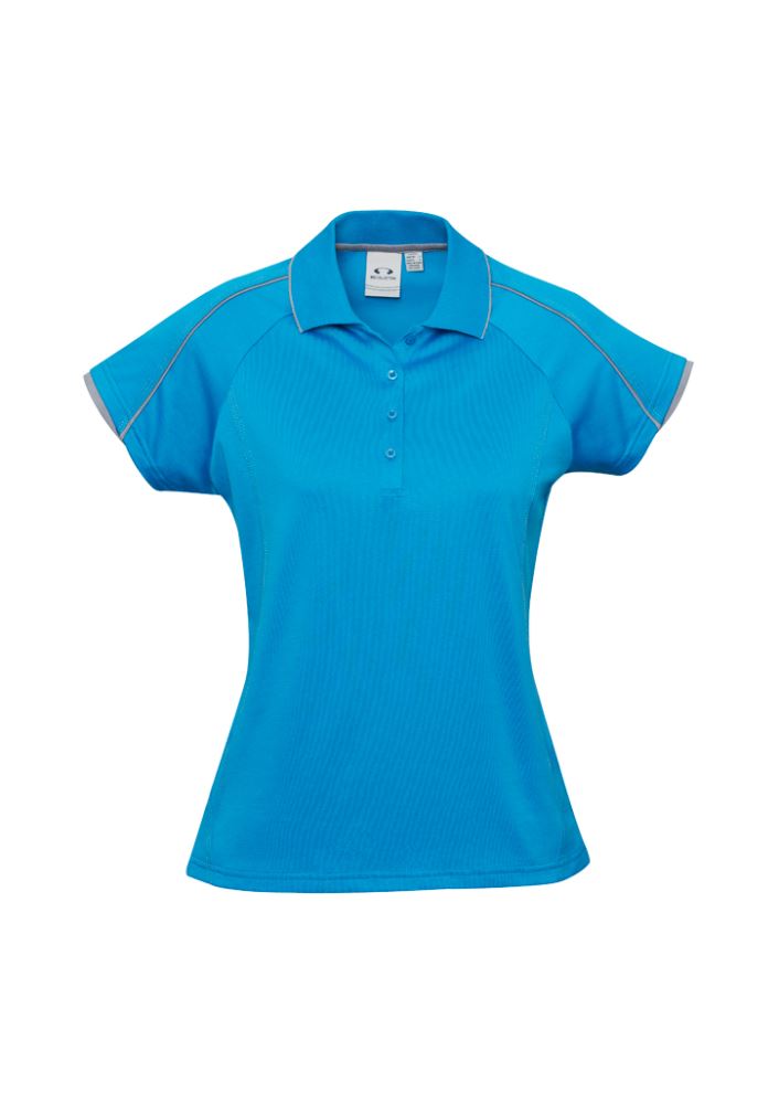 Ladies Blade Polo in Cyan and Silver Grey, size 20, featuring raglan sleeves, UPF protection, and a flattering fit for active wear.