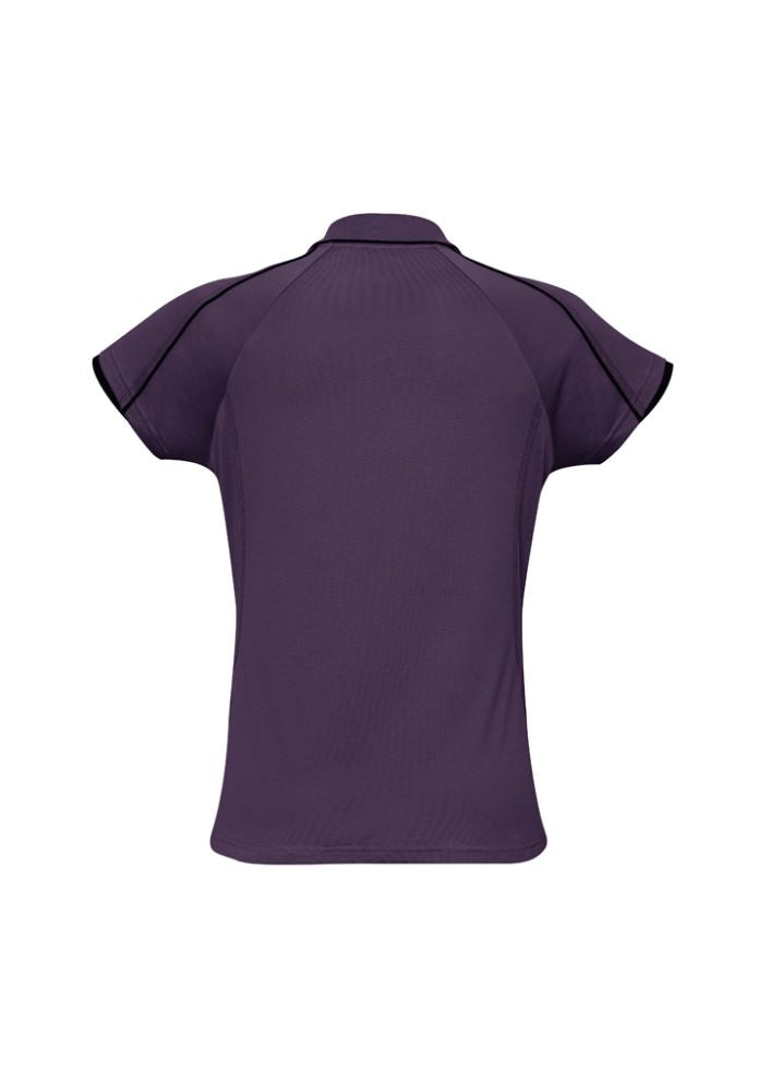 Ladies Blade Polo in Grape/Black, Size 12, showcasing raglan sleeves, soft BIZ COOL fabric, and stylish contrast details.