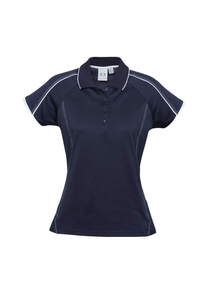 Navy and white Ladies Blade Polo, size 20, featuring breathable fabric, raglan sleeves, and stylish contrast detailing.