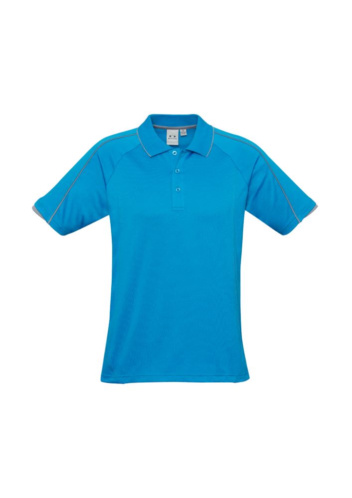 Men's Blade Polo in Cyan/Silver Grey, size 5XL, featuring breathable fabric, raglan sleeves, and a convenient pocket.