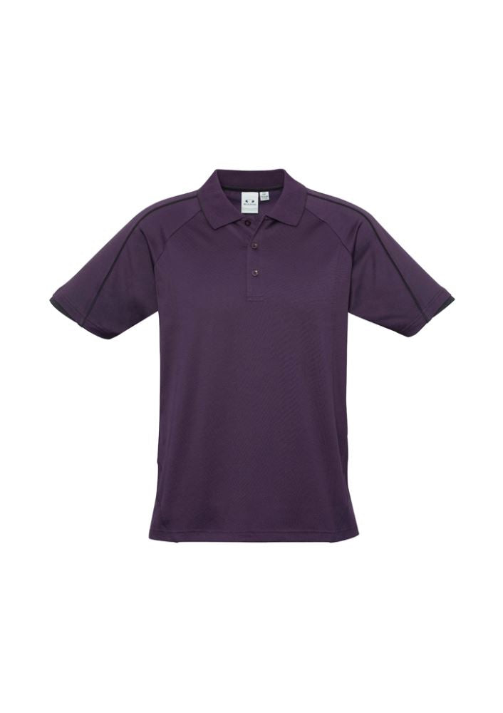 Men's Blade Polo in Grape/Black, size M, featuring stylish raglan sleeves, breathable fabric, and a functional pocket.