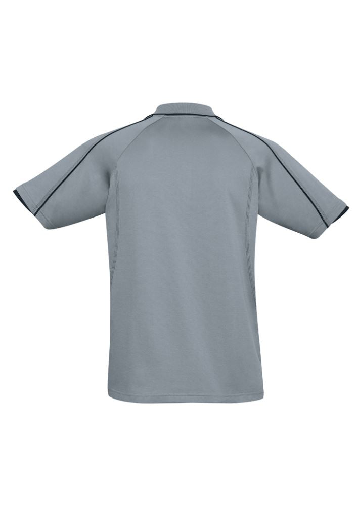 Men's Blade Polo in Silver Grey/Black, 5XL, features soft BIZ COOL™ fabric, contrast trim, and UPF protection. Stylish and functional.