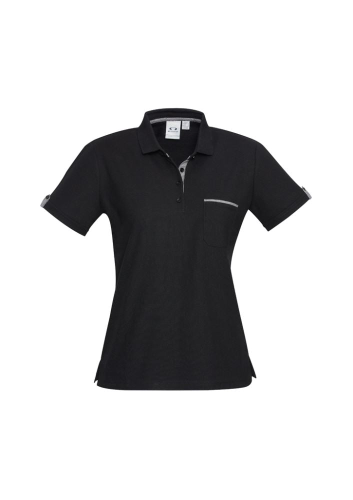 Black and check women's polo shirt with contrasting details, UPF protection, slim fit, and pocket, ideal for casual and professional wear.