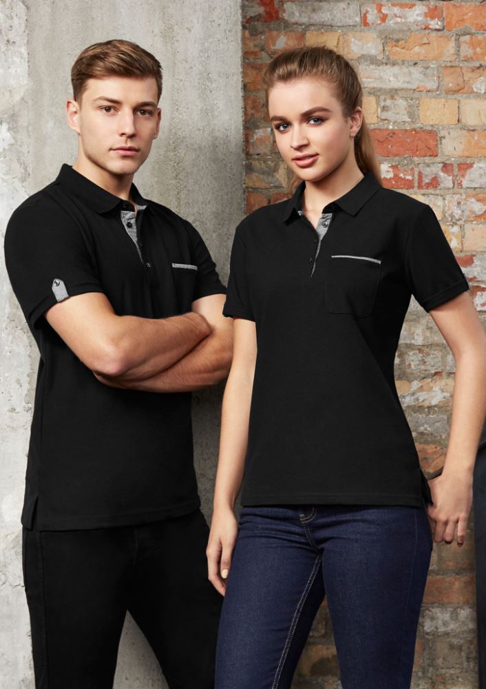 Ladies Edge Polo in Black/Check for size 16, featuring stylish design, lightweight fabric, and a functional chest pocket.