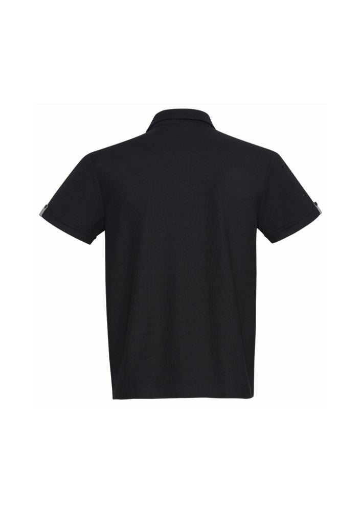 Mens Edge Polo in Black/Check, S size, featuring stylish contrasts, UPF protection, and durable Low Pill Pique Knit fabric.