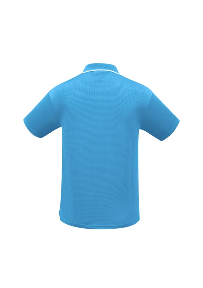 Men's Elite Polo in Aqua Blue and White, Size S, featuring breathable fabric, UPF protection, side splits, and stylish trim details.
