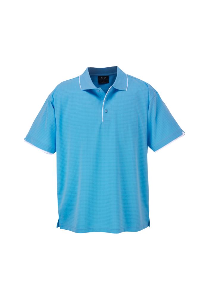 Aqua blue and white mens polo shirt featuring BIZ COOL™ fabric, UPF protection, and stylish contrast trims, size M.