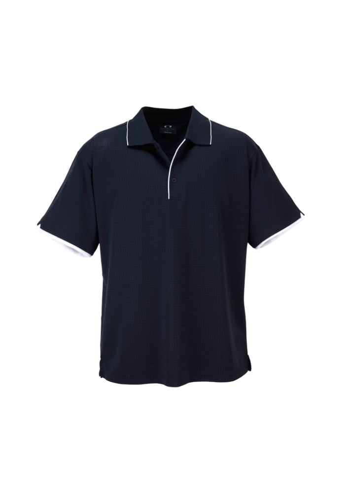 Men's Elite Polo in Navy and White, featuring breathable fabric, textured pattern, contrast trims, and smart casual style.