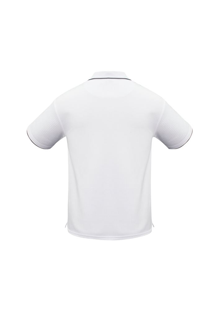 Men's Elite Polo in white and black, featuring breathable fabric, UPF protection, and stylish details for versatile wear.