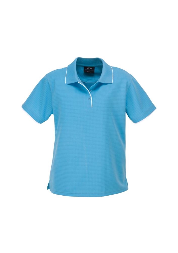 Aqua blue and white ladies polo shirt in size 22, featuring breathable fabric, elegant design, and UPF protection.
