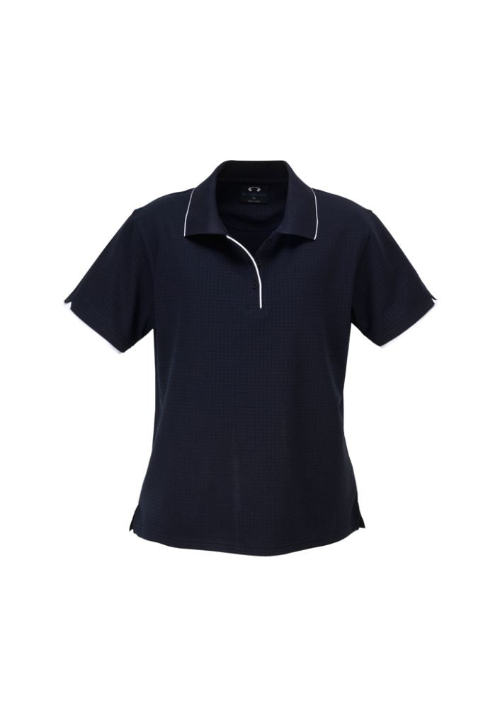 Ladies Elite Polo in Navy/White, Size 8, featuring breathable fabric, stylish trims, and comfortable side splits for versatility.
