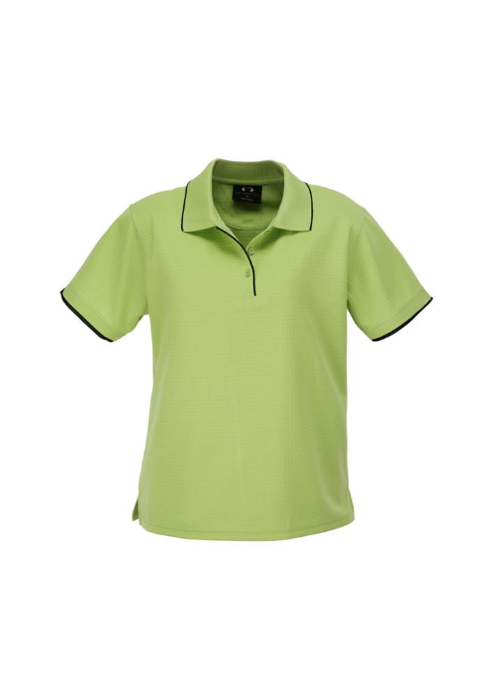 Ladies Elite Polo in Pistachio/Navy, size 10, featuring breathable fabric, vibrant trims, and side splits for comfort and style.