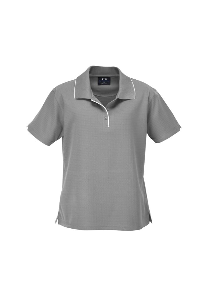 Ladies Elite Polo in Silver Grey and White, size 18, made from breathable polyester with stylish design and UV protection.