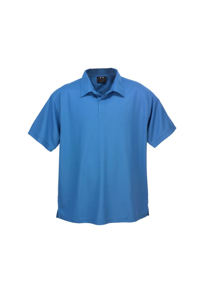 Men's Micro Waffle Polo in Azure Blue, lightweight breathable fabric with stylish collar, cuffs, and side splits for comfort.