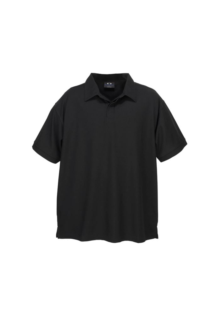 Men's black micro waffle polo shirt in 5XL, featuring breathable fabric, concealed buttons, and stylish cuffs, perfect for casual wear.