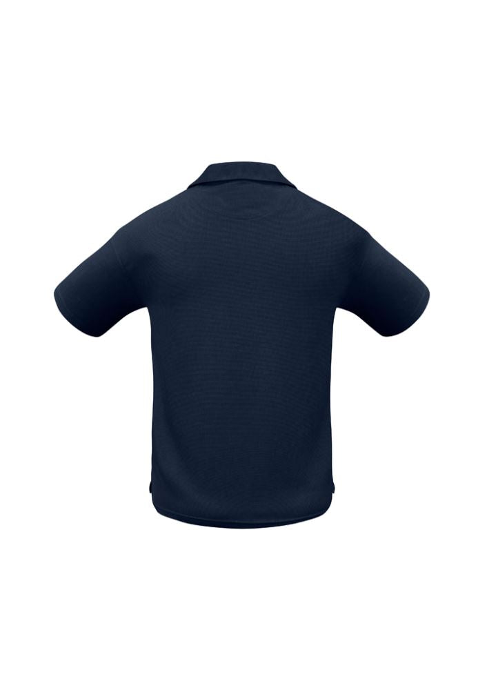 Men's navy micro waffle polo with breathable fabric, self-collar, concealed buttons, side splits, and loose pocket. Size M.