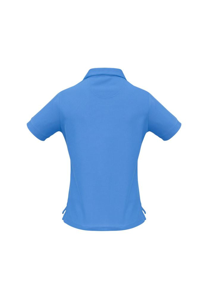 Azure blue ladies' micro waffle polo, size 10, featuring a zipper placket and breathable polyester for casual elegance.