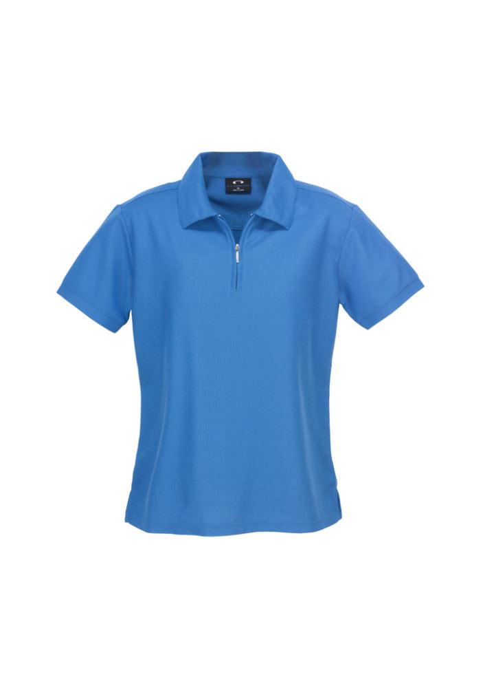 Azure blue Ladies Micro Waffle Polo, size 16, featuring breathable fabric, zipper placket, and side splits for comfort.