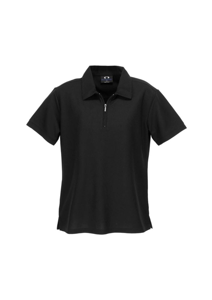 Ladies Micro Waffle Polo in Black, size 10, featuring breathable fabric, stylish zipper placket, and side splits for mobility.