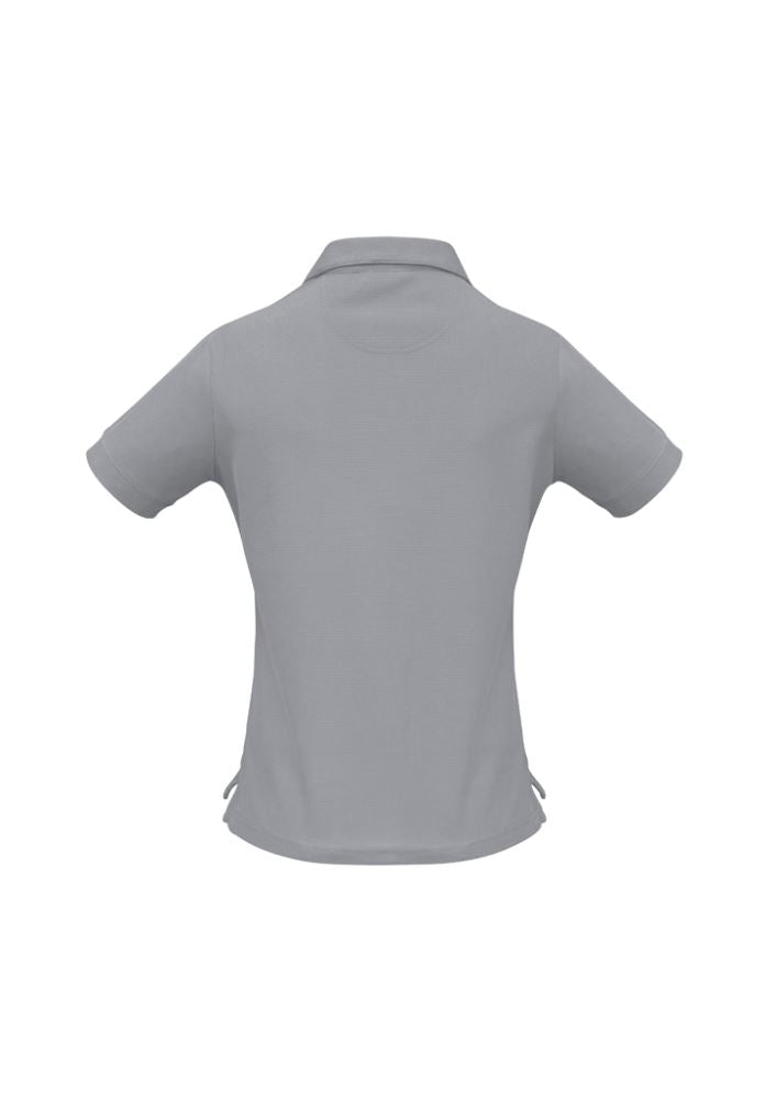 Ladies Micro Waffle Polo in Silver Grey, size 22, featuring breathable fabric, self-fabric collar, and stylish side splits.