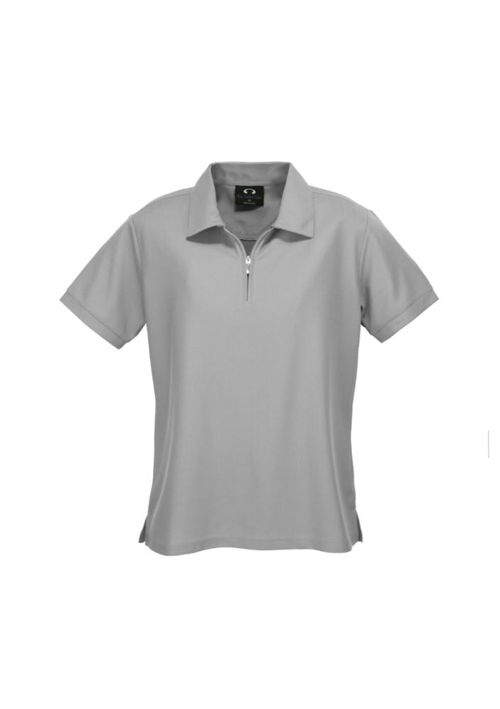 Ladies Silver Grey Micro Waffle Polo, Size 10, made from breathable polyester with a stylish zipper collar and side splits.
