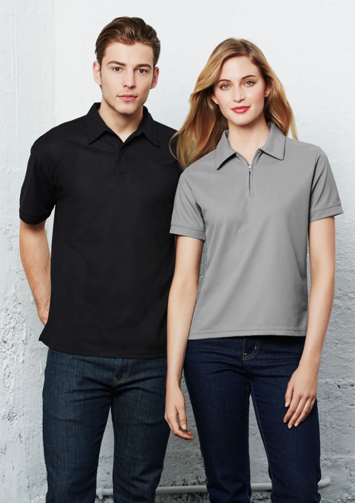 Ladies Micro Waffle Polo in black, size 20, featuring breathable fabric, zipper placket, and side splits for stylish comfort.