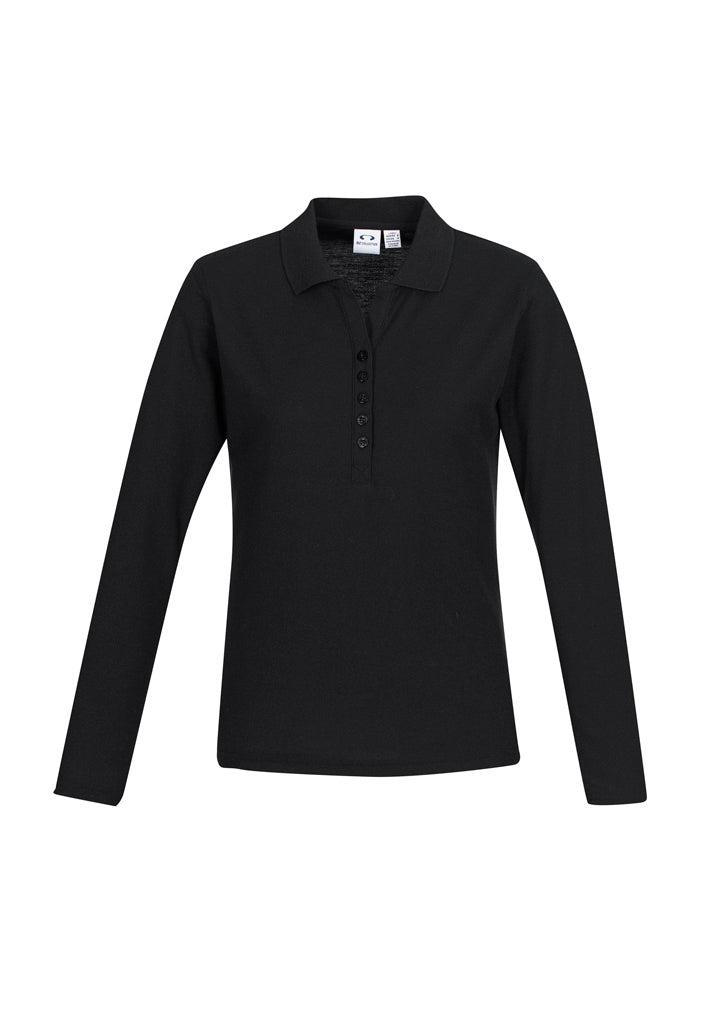 Stylish black long sleeve polo for women with Y-placket, comfortable fabric, and UPF protection, perfect for work or casual wear.