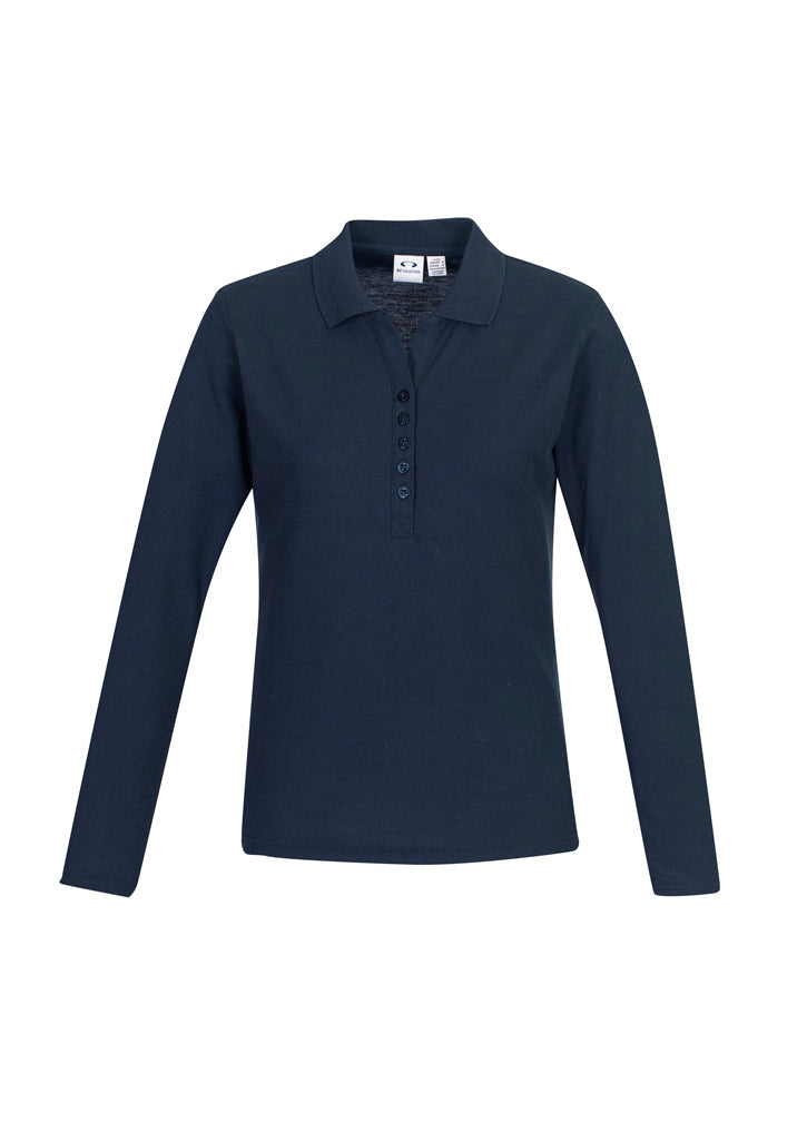 Navy long sleeve polo for women, made from a comfortable polyester-cotton blend, featuring a stylish Y-placket design.