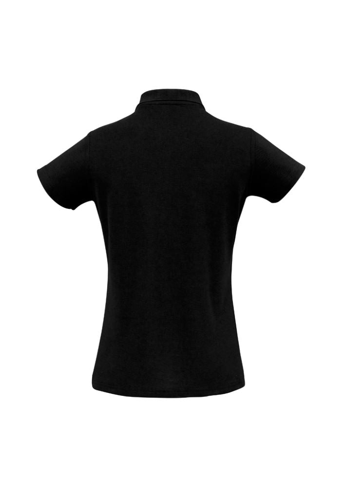 Ladies Crew Polo in black, size 16, featuring a sleek collar, Y-placket, and durable construction perfect for any occasion.