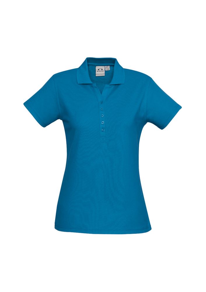 Vibrant cyan ladies crew polo from Biz Collection, size 8, featuring durable fabric, sleek collar, and fashionable Y-placket.
