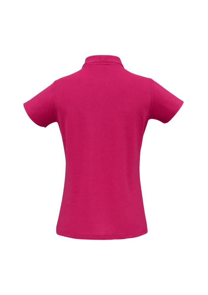 Ladies Crew Polo in vibrant fuchsia, size 8, featuring a stylish Y-placket, knitted collar, and UPF protection for fashion and function.